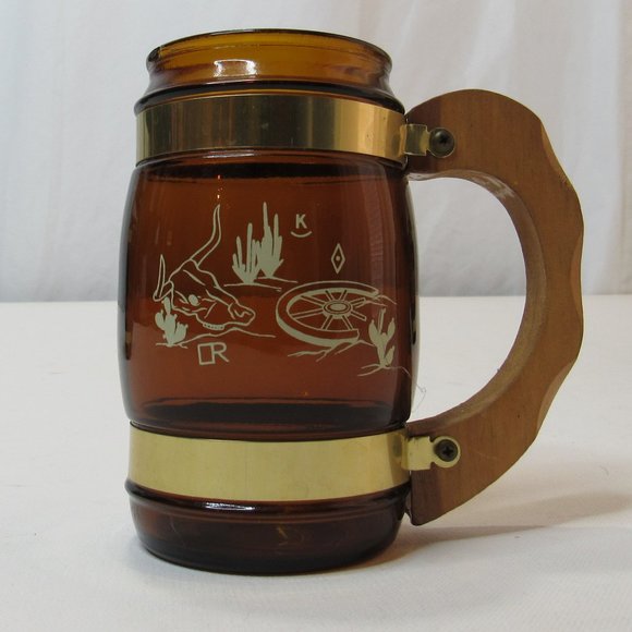 Vintage Siesta Ware Brown Barrel Amber Glass Mug Wood Handle Brass Trim Set of 5 - Picture 4 of 12